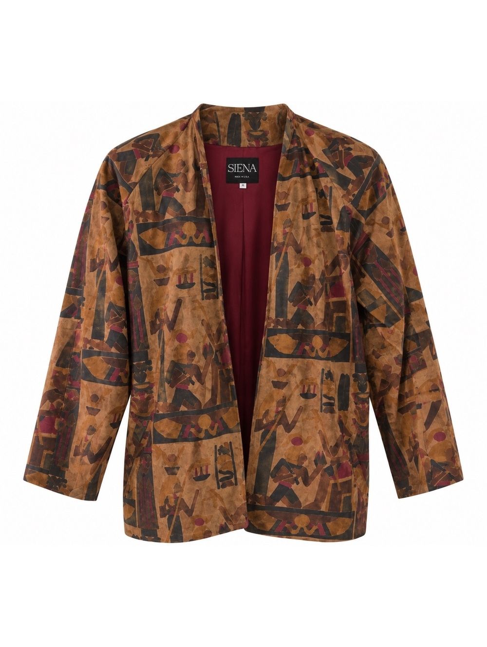 Vintage SIENA Genuine Leather Abstract Print Blazer – Brown & Burgundy